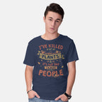 Model wearing navy Plant Killer – Horror Graphic T-Shirt