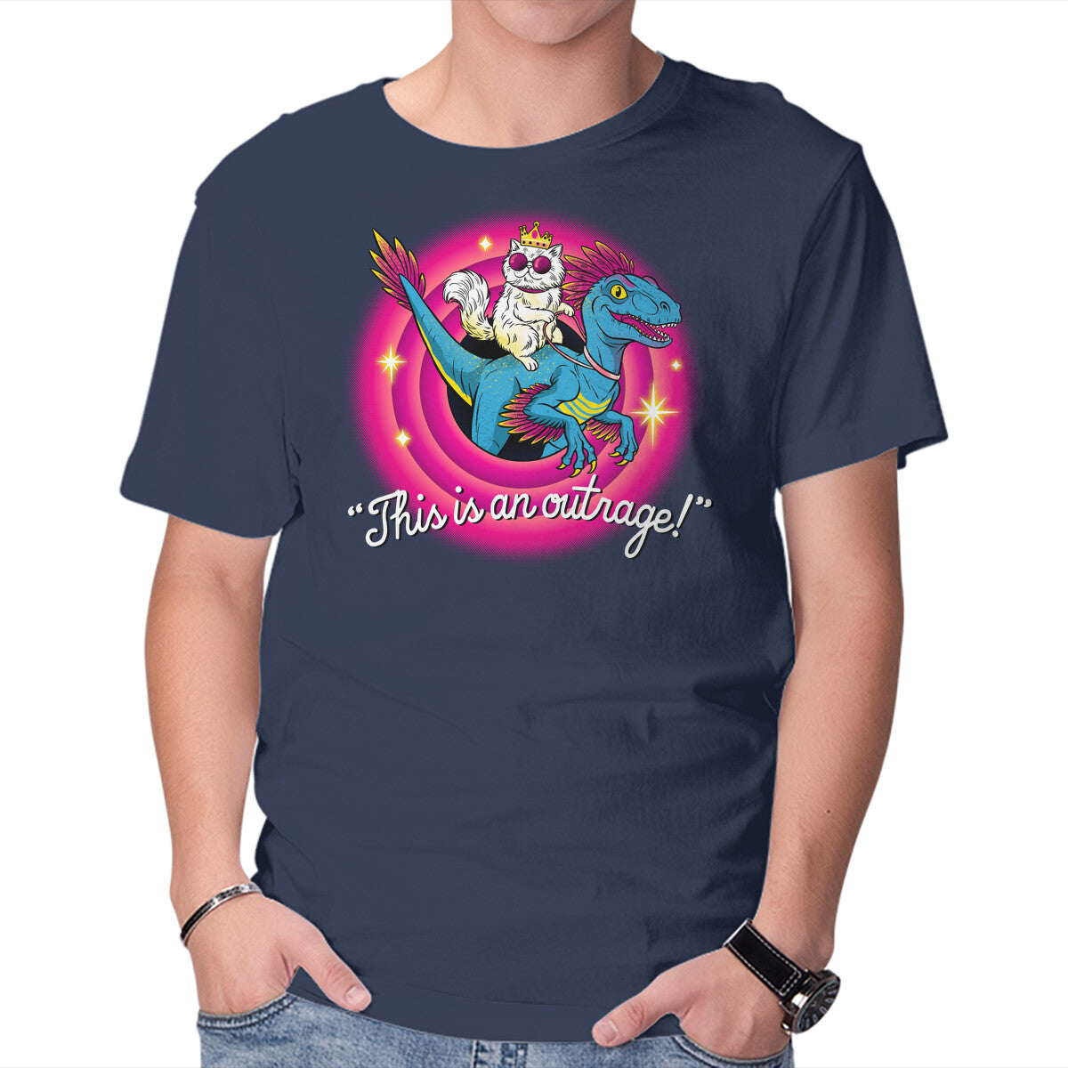 This Is An Outrage Folks – Gaming Graphic T-Shirt in navy, product display