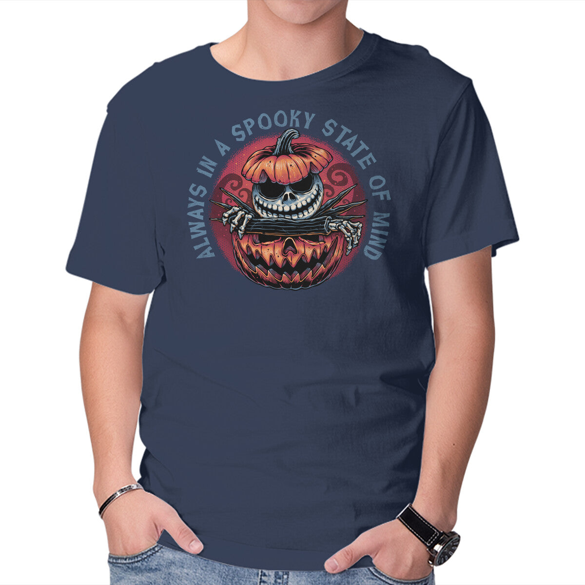 Spooky State of Mind Halloween Skeleton Graphic Tee in navy, product view
