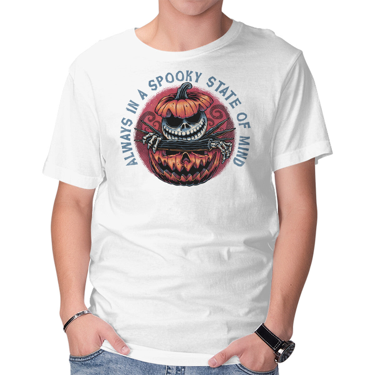 Spooky State of Mind Halloween Skeleton Graphic Tee in white, product view
