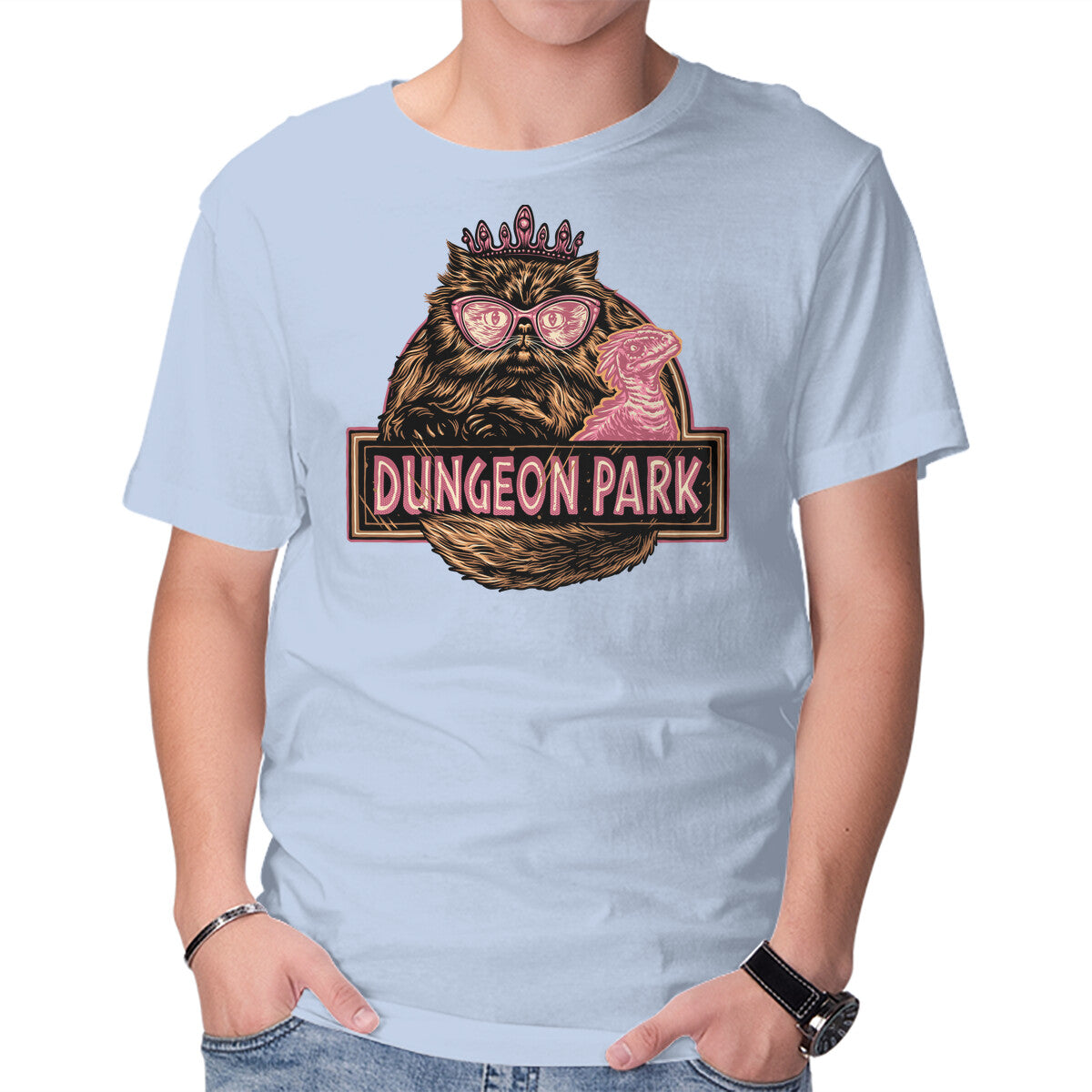 Welcome to the dungeon park – Cat Graphic T-Shirt in blue, product display