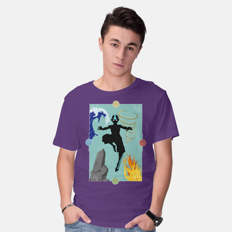 Model wearing purple Four Elements – Anime Graphic T-Shirt