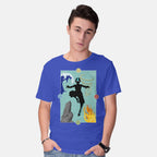 Model wearing royal blue Four Elements – Anime Graphic T-Shirt