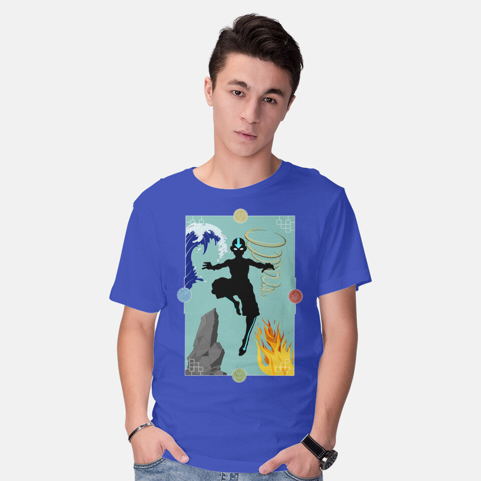 Model wearing royal blue Four Elements – Anime Graphic T-Shirt