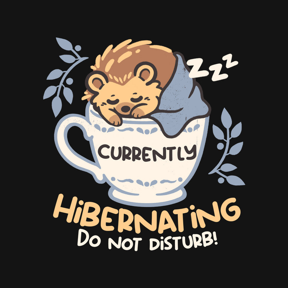 Currently Hibernating Hedgehog graphic print detail on black T-shirt