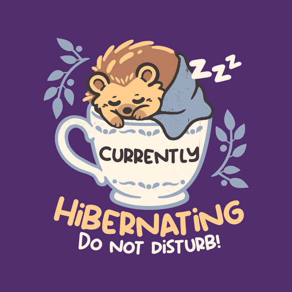 Currently Hibernating Hedgehog graphic print detail on purple T-shirt