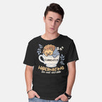 Model wearing black Currently Hibernating Hedgehog