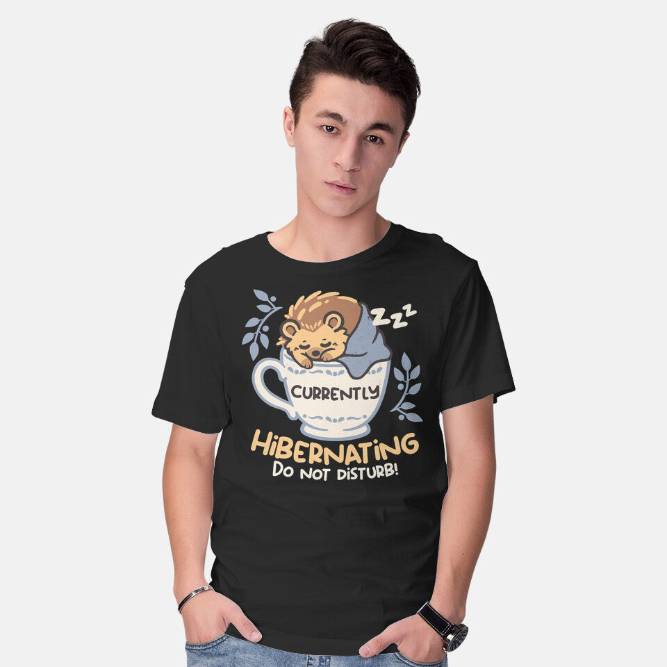 Model wearing black Currently Hibernating Hedgehog