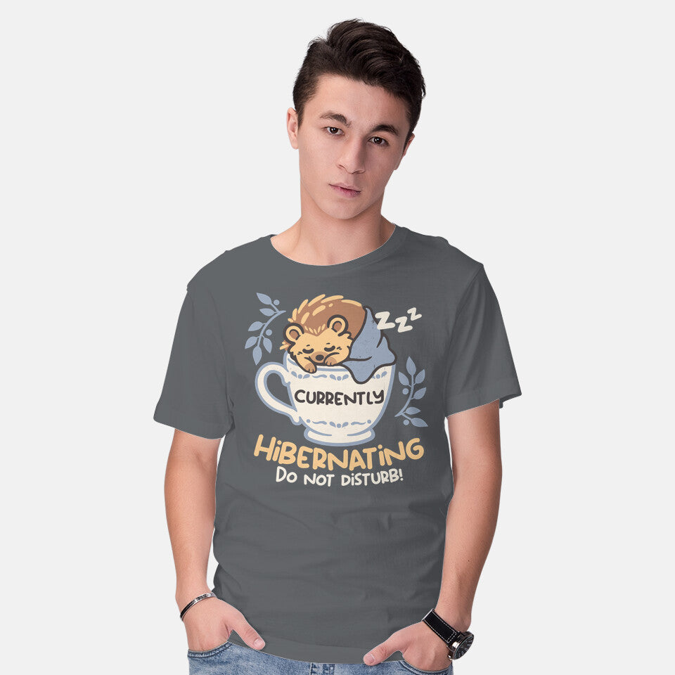 Model wearing charcoal Currently Hibernating Hedgehog