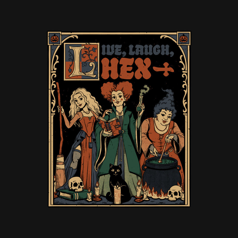 Medieval Witch Sisters graphic print detail on black T-shirt
