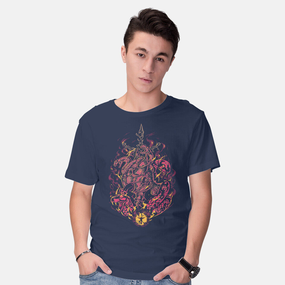 Model wearing navy The Forgotten One – Anime Graphic T-Shirt