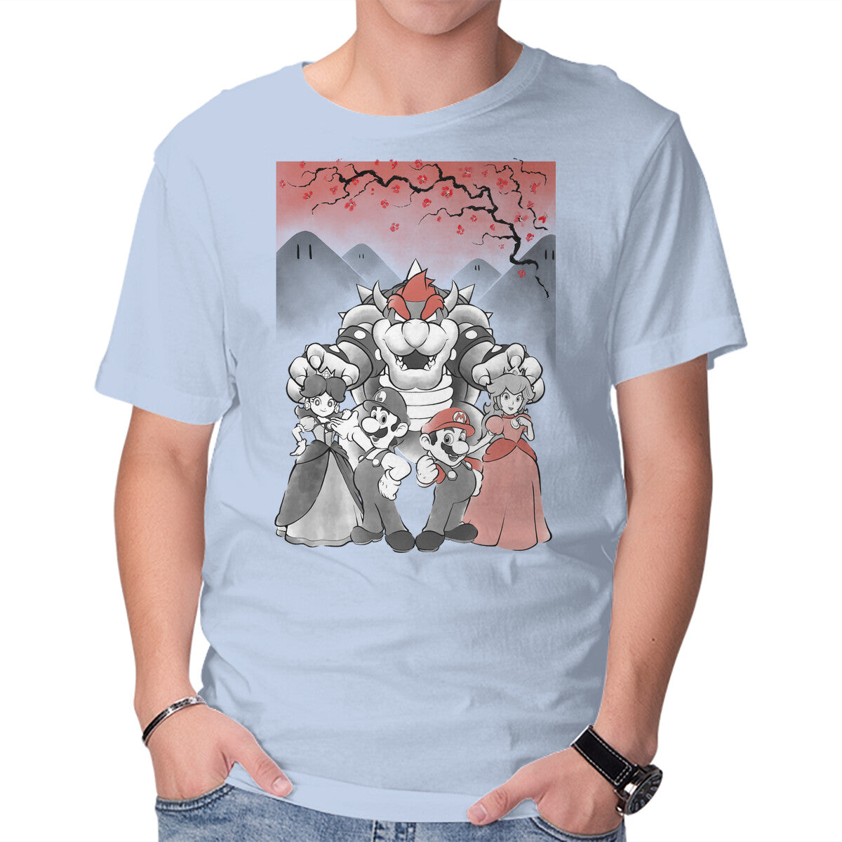 Mushroom Club Sumi-E – Gaming Graphic T-Shirt in blue, product display