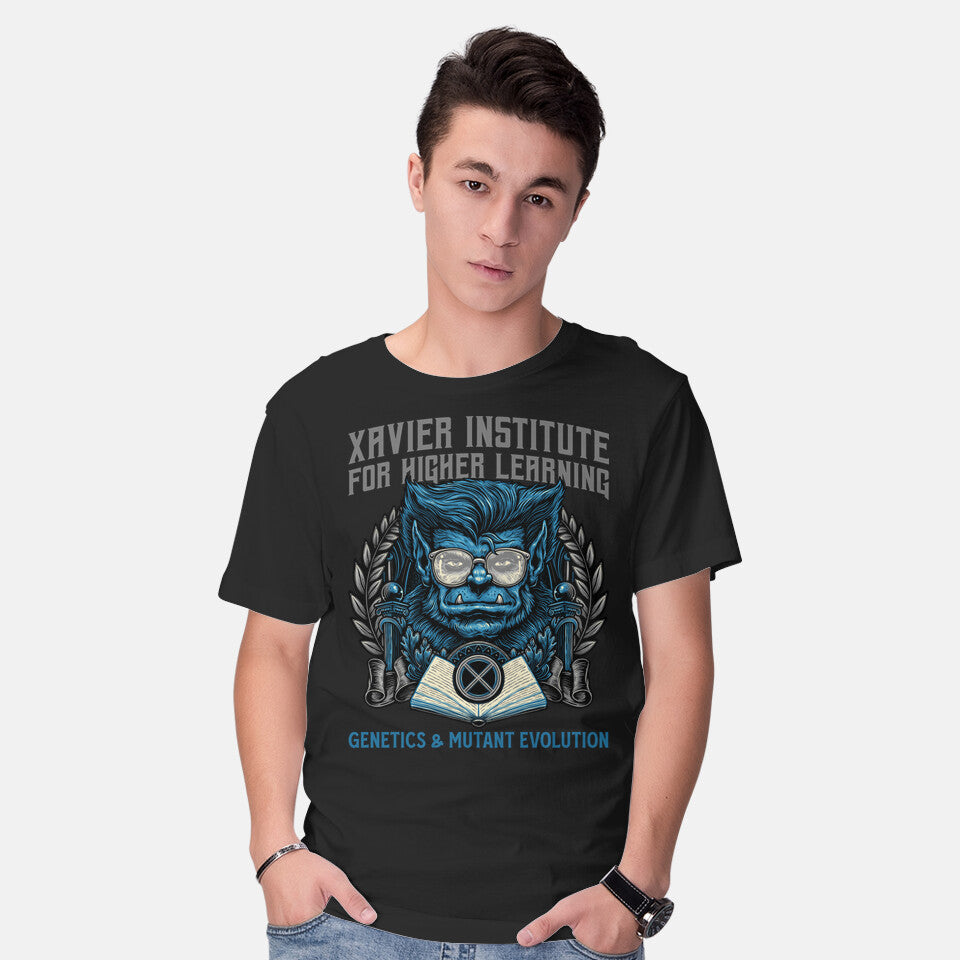 Model wearing black Genetics And Mutant Evolution – Sci-Fi Graphic T-Shirt