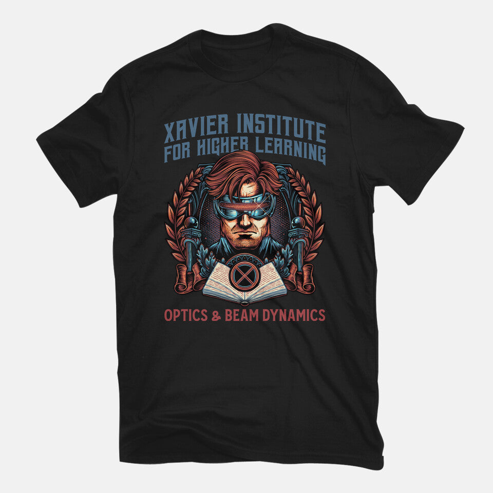 Optics And Beam Dynamics – Sci-Fi Graphic T-Shirt in black, flat-lay product view