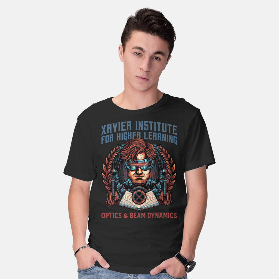 Model wearing black Optics And Beam Dynamics – Sci-Fi Graphic T-Shirt