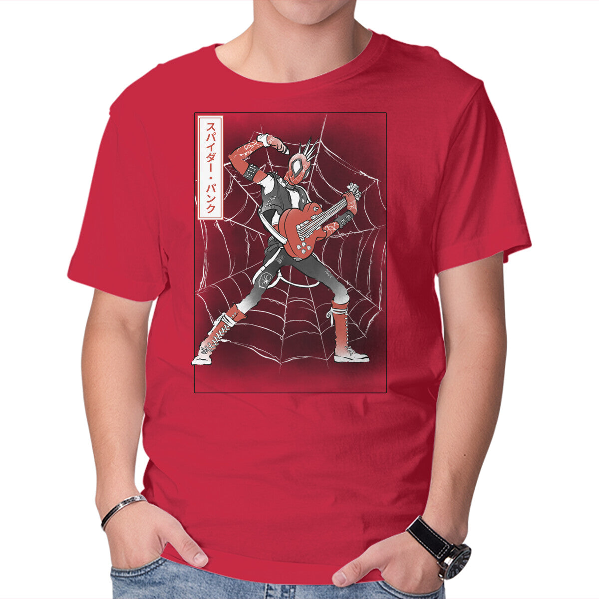 Punk Webslinger Sumi-E – Movie Graphic T-Shirt in red, product display