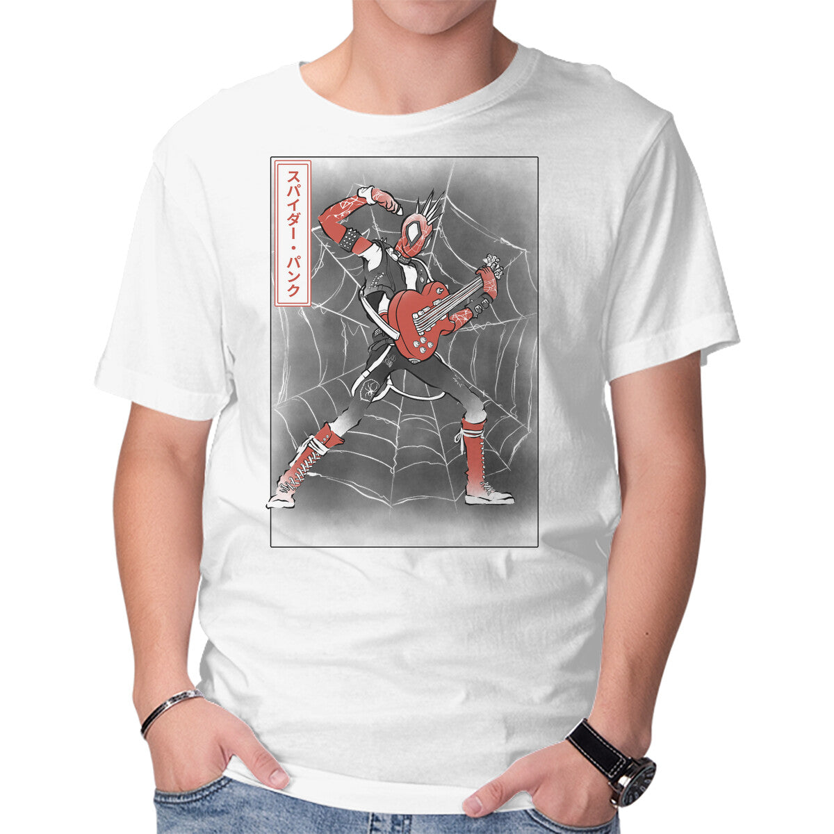 Punk Webslinger Sumi-E – Movie Graphic T-Shirt in white, product display