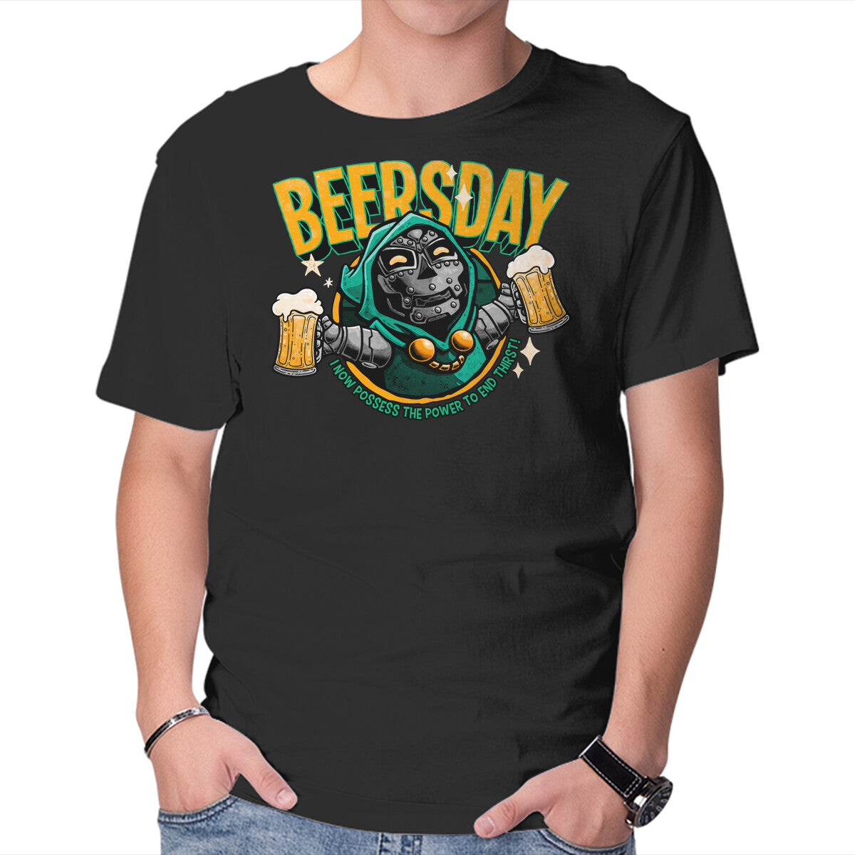 Beersday Funny Superhero Graphic T-Shirt in black, product view