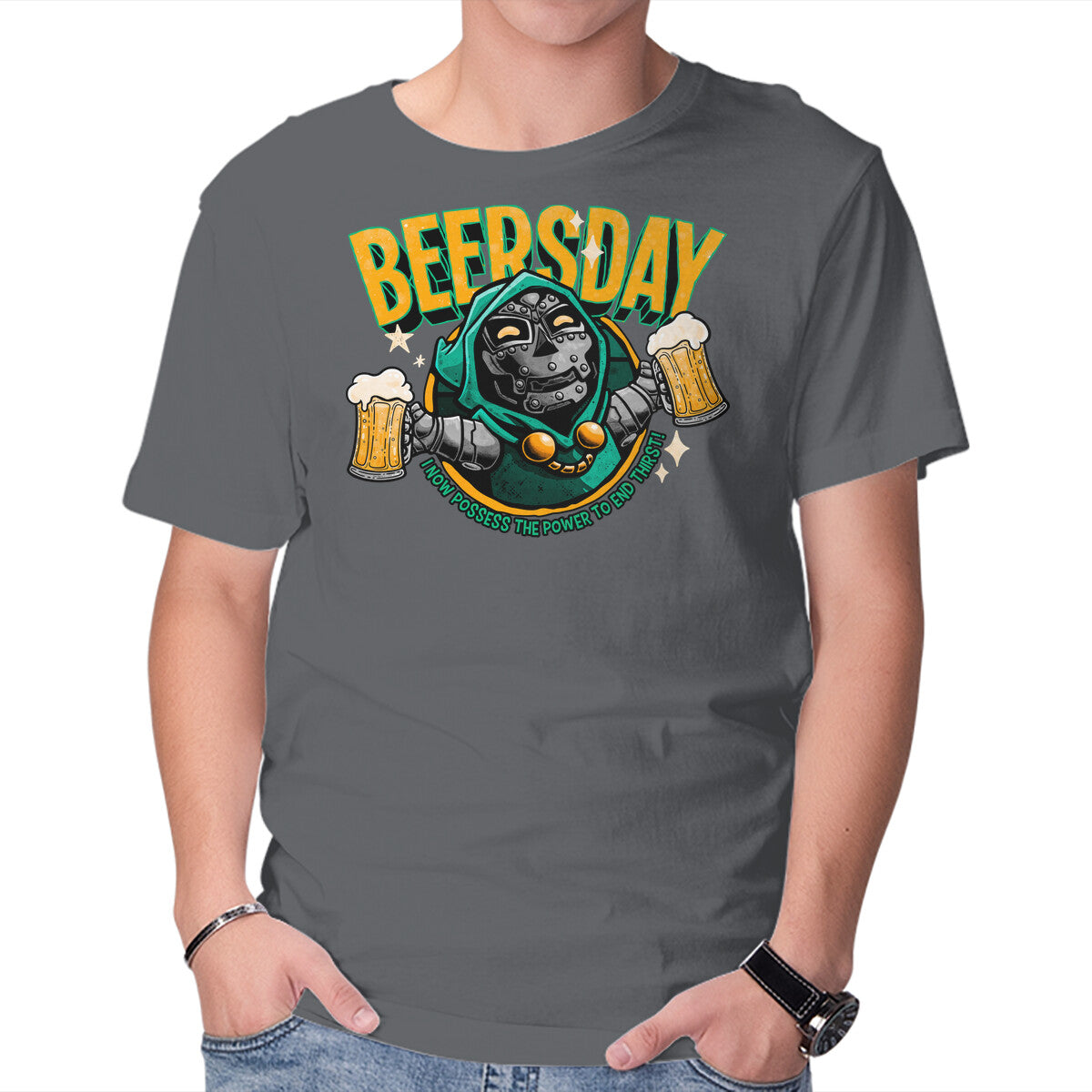 Beersday Funny Superhero Graphic T-Shirt in charcoal, product view