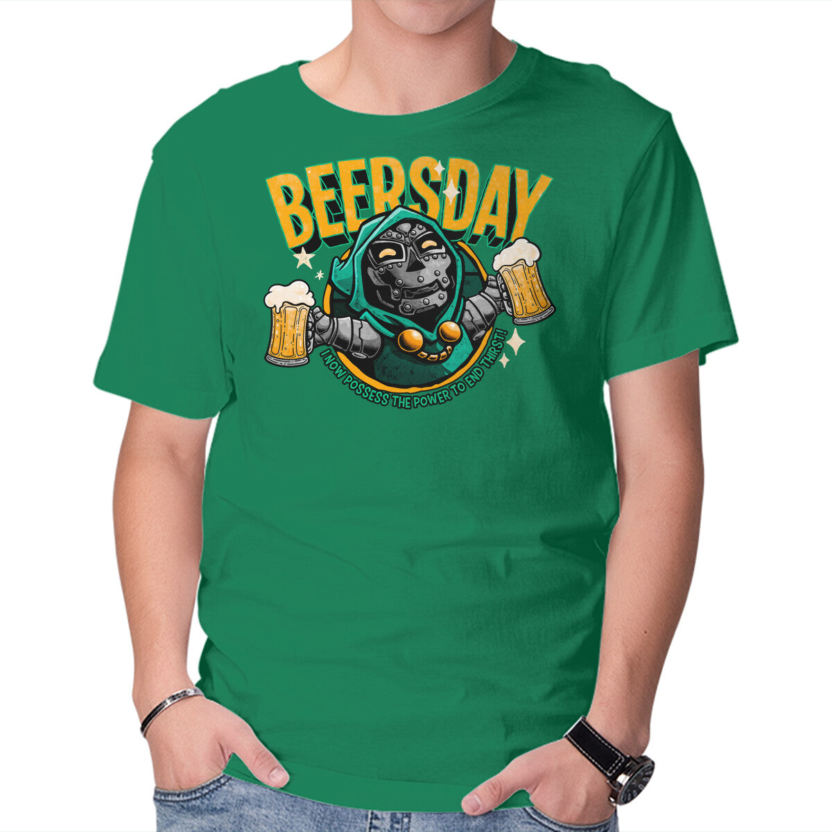 Beersday Funny Superhero Graphic T-Shirt in green, product view