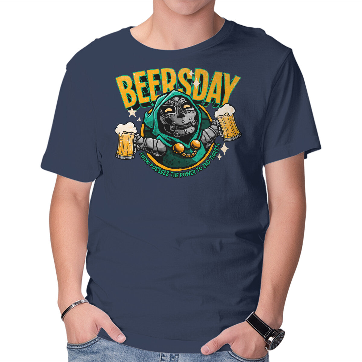 Beersday Funny Superhero Graphic T-Shirt in navy, product view