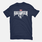 Punisher Skellington Halloween Mashup Graphic Tee in navy, flat lay view