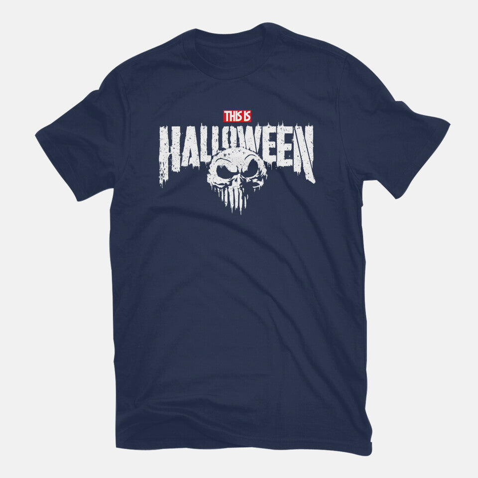 Punisher Skellington Halloween Mashup Graphic Tee in navy, flat lay view