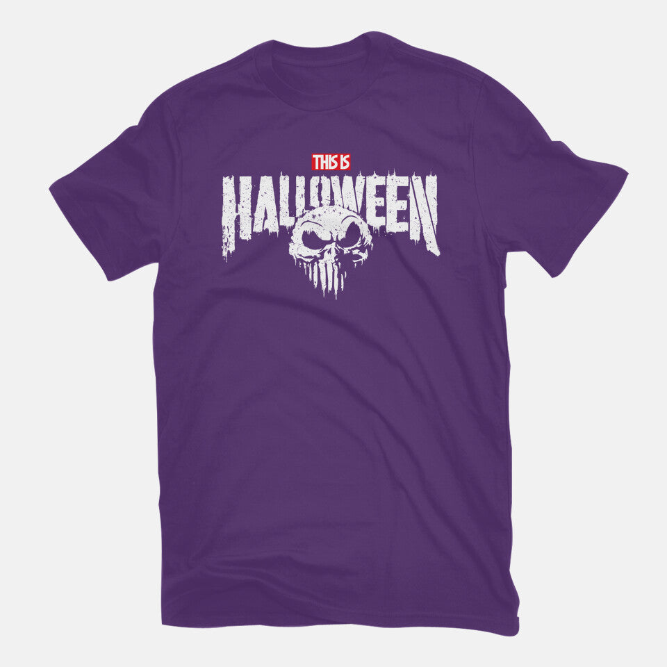 Punisher Skellington Halloween Mashup Graphic Tee in purple, flat lay view