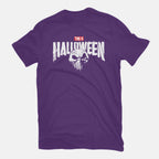 Punisher Skellington Halloween Mashup Graphic Tee in purple, flat lay view