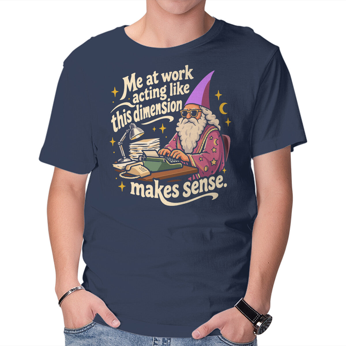 This Dimension Funny Wizard Graphic T-Shirt in navy, product view