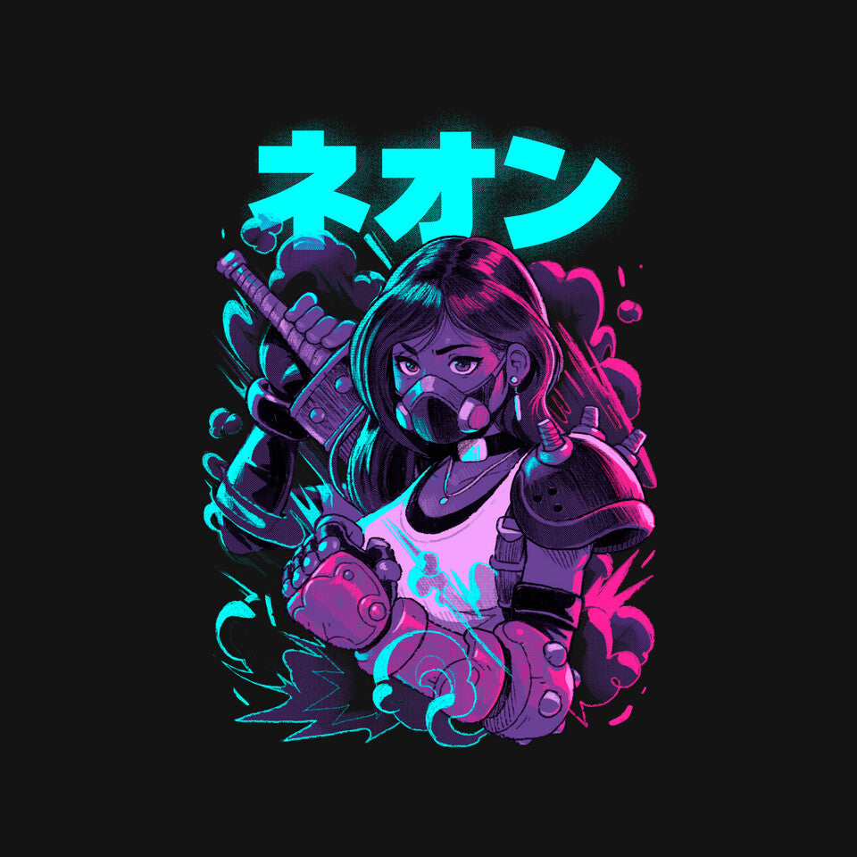 Final Neon Retro Fantasy Gaming Graphic T-Shirt graphic print detail on black T-shirt
