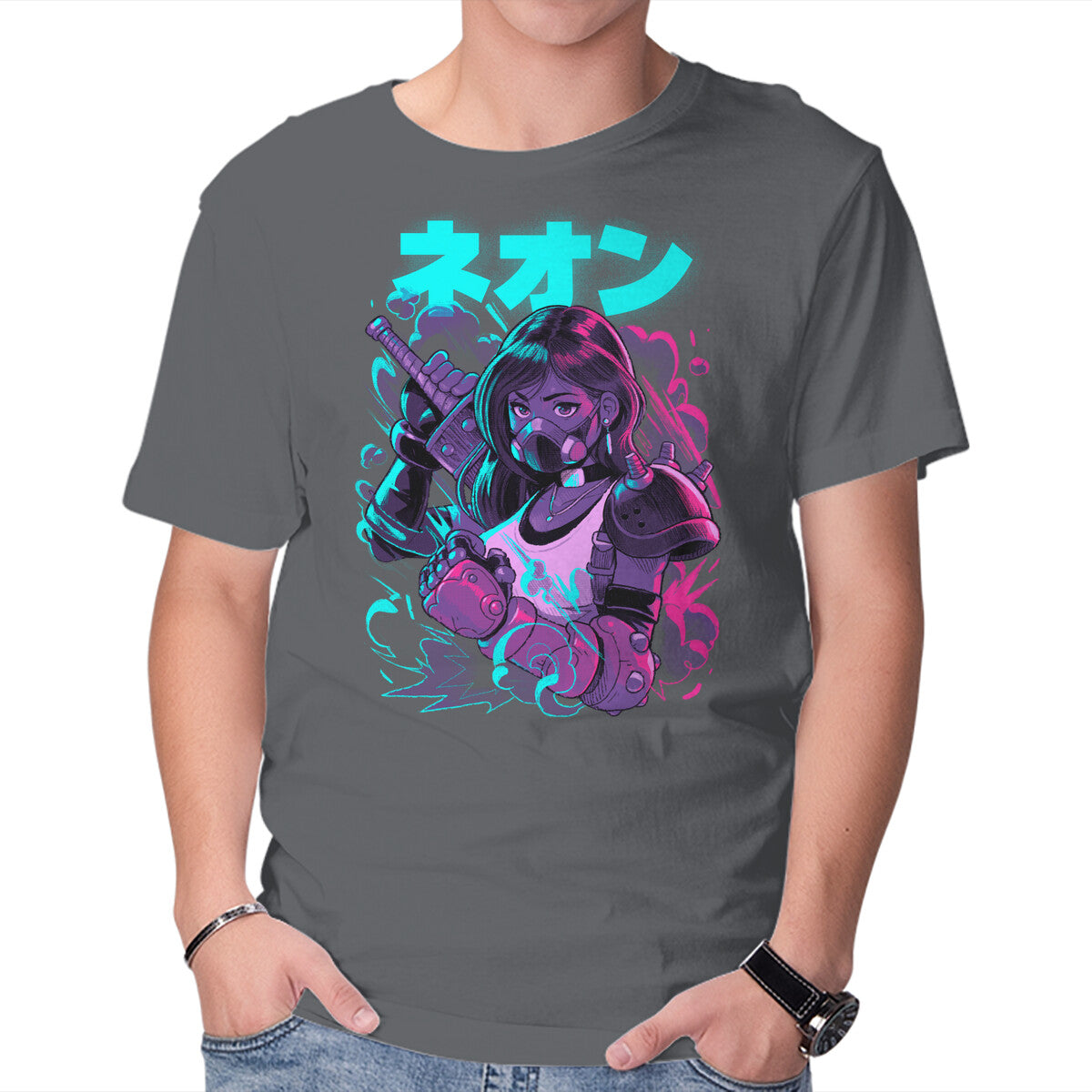 Final Neon Retro Fantasy Gaming Graphic T-Shirt in charcoal, product display