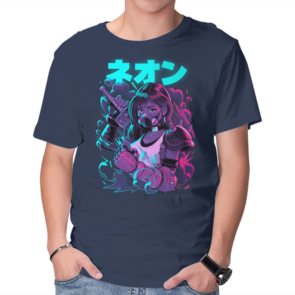 Final Neon Retro Fantasy Gaming Graphic T-Shirt in navy, product display