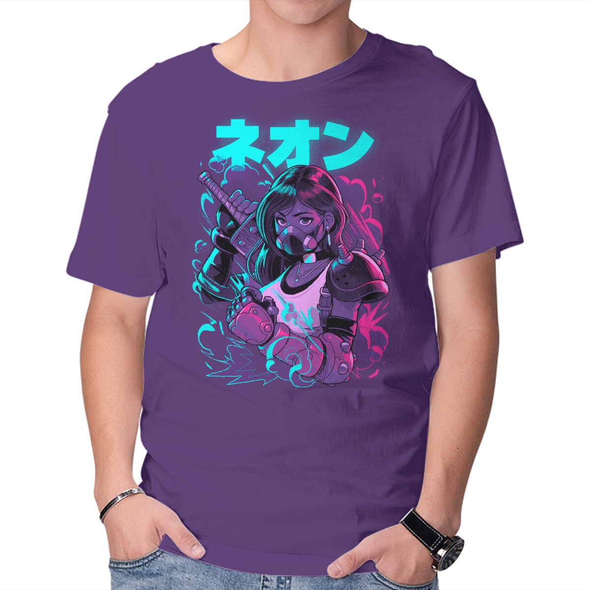 Final Neon Retro Fantasy Gaming Graphic T-Shirt in purple, product display