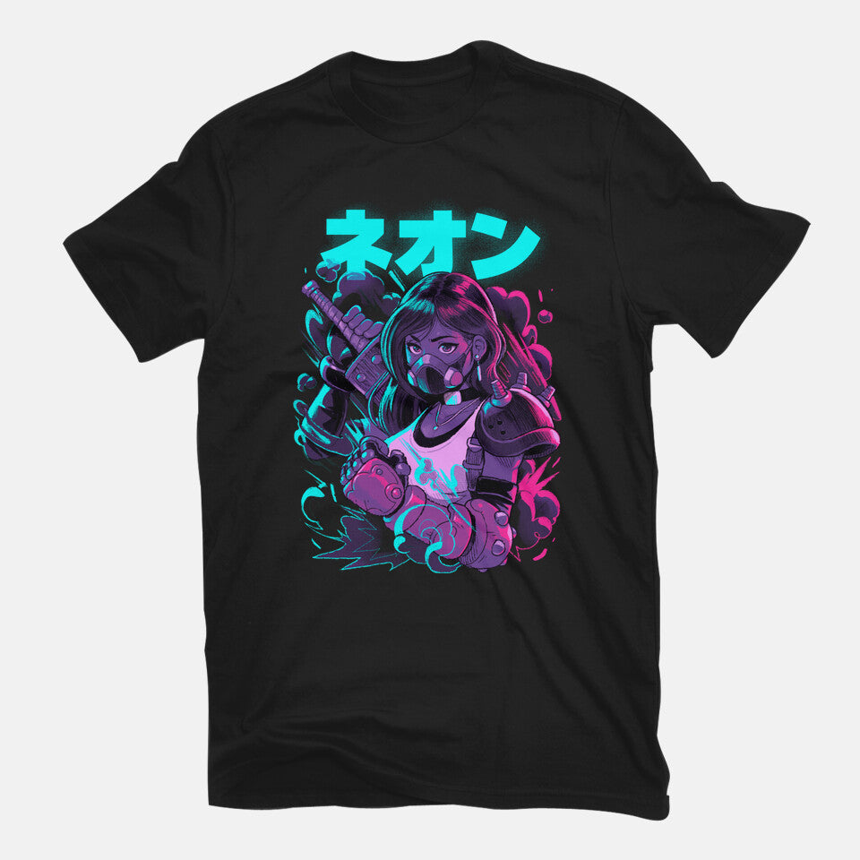 Final Neon Retro Fantasy Gaming Graphic T-Shirt in black, flat lay view