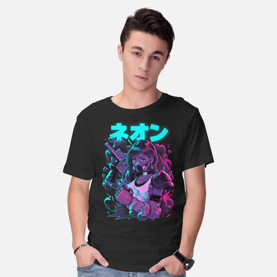 Model wearing black Final Neon Retro Fantasy Gaming Graphic T-Shirt