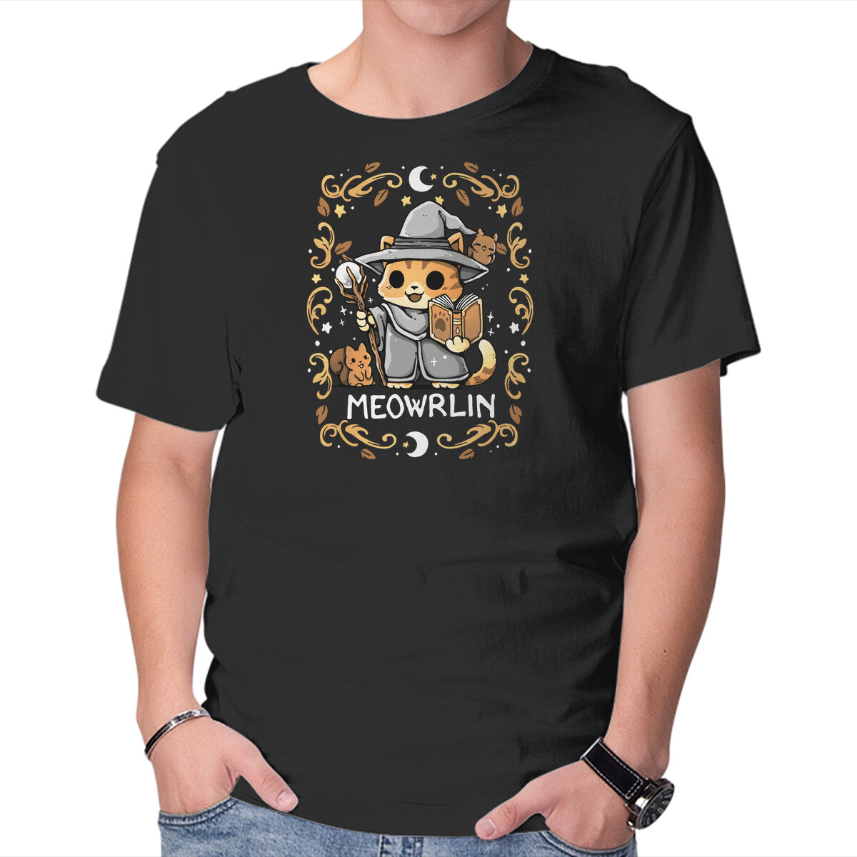 Meowrlin Magical Wizard Cat Graphic T-Shirt in black, product display