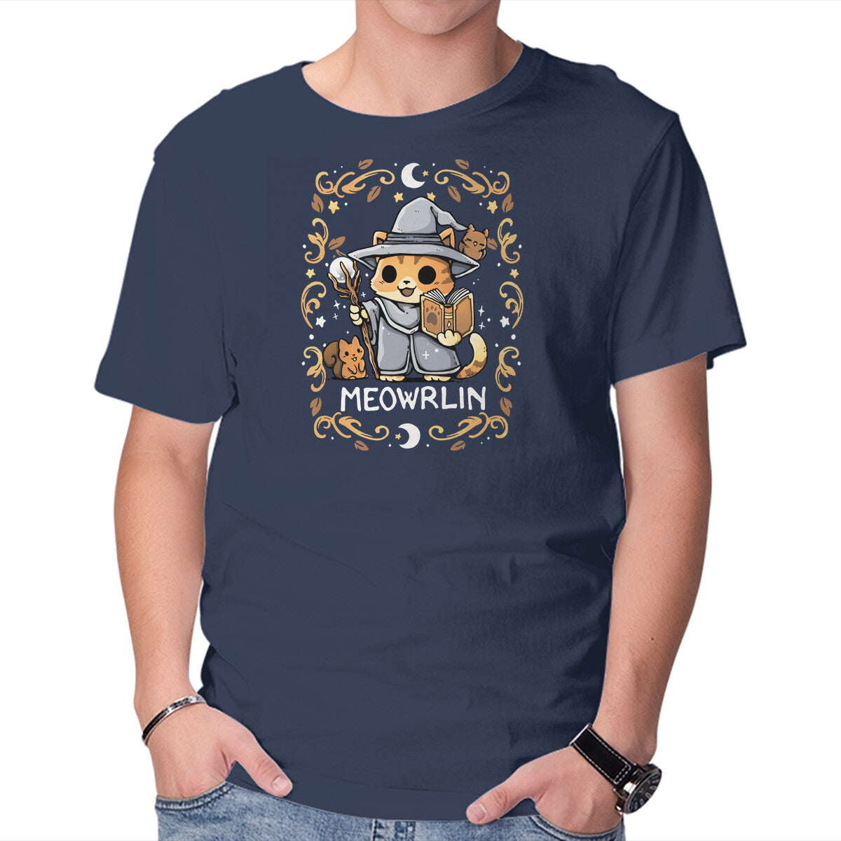 Meowrlin Magical Wizard Cat Graphic T-Shirt in navy, product display