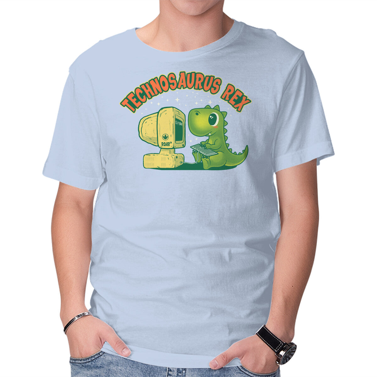Technosaurus Rex Funny Dinosaur Programmer Graphic Tee in blue, product display