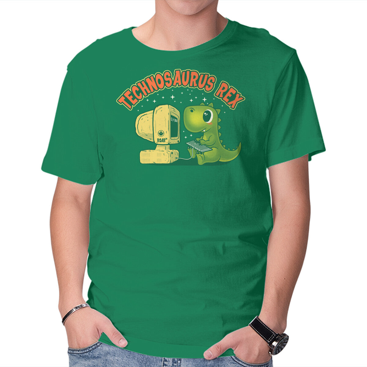 Technosaurus Rex Funny Dinosaur Programmer Graphic Tee in green, product display