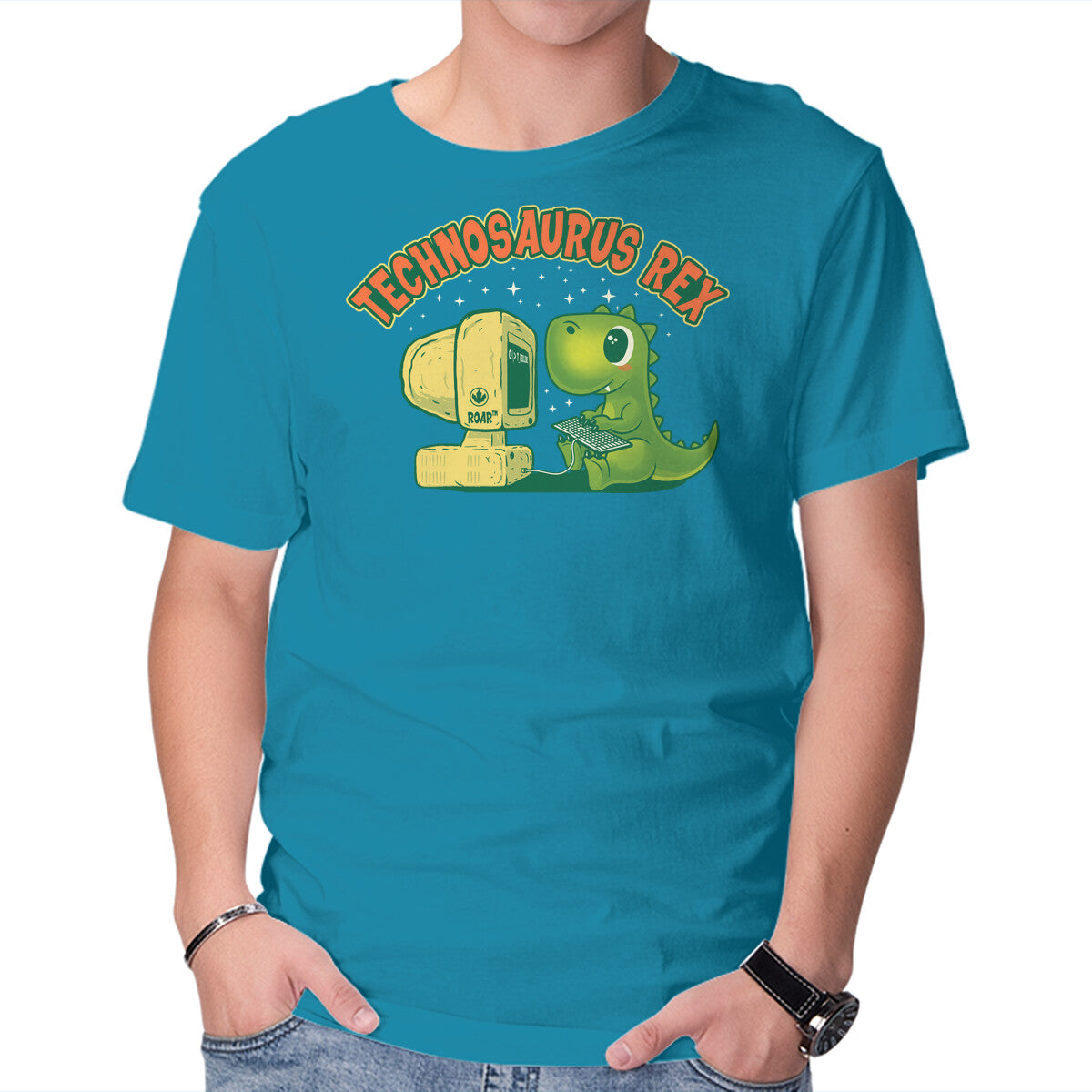 Technosaurus Rex Funny Dinosaur Programmer Graphic Tee in turquoise, product display