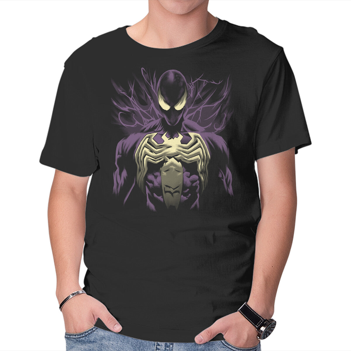 Alien Symbiote Superhero Graphic T-Shirt in black, product display