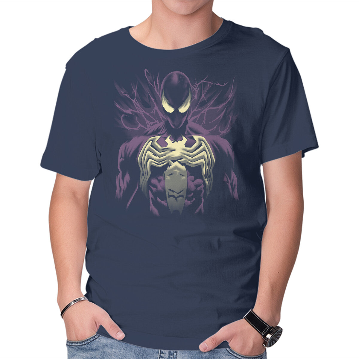 Alien Symbiote Superhero Graphic T-Shirt in navy, product display