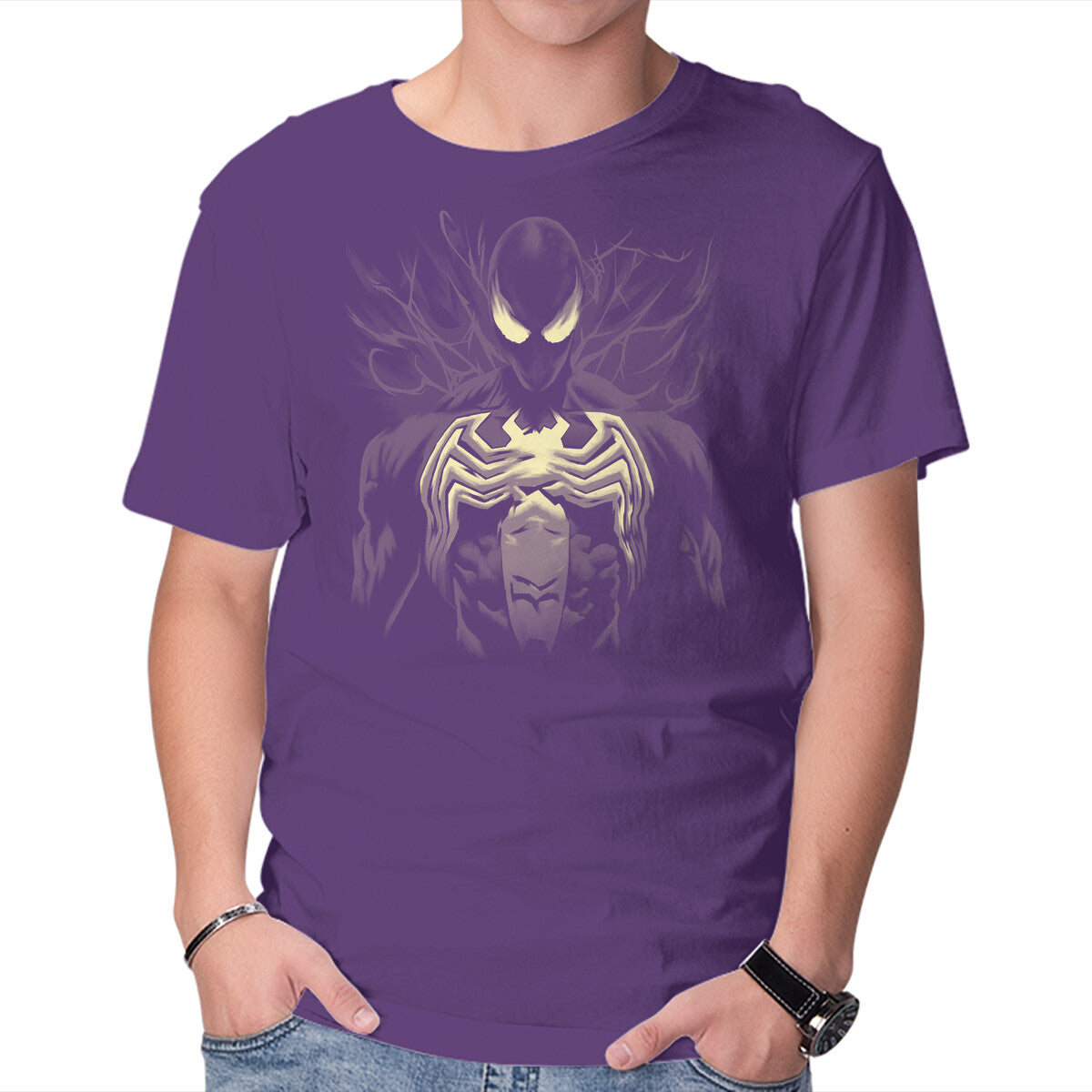 Alien Symbiote Superhero Graphic T-Shirt in purple, product display