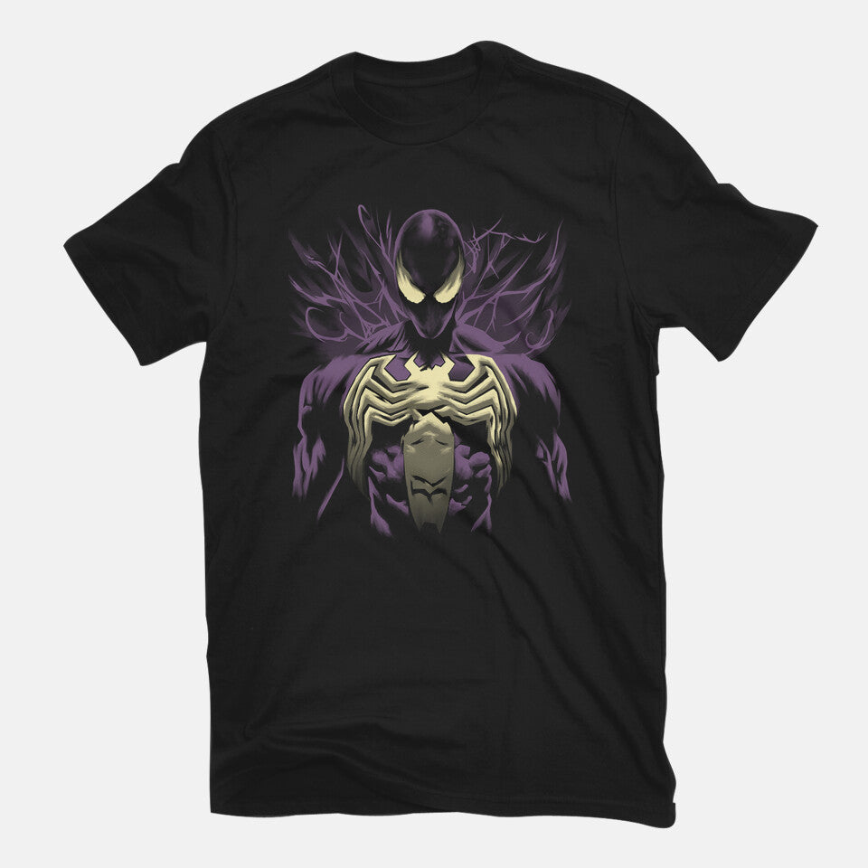 Alien Symbiote Superhero Graphic T-Shirt in black, flat-lay product view