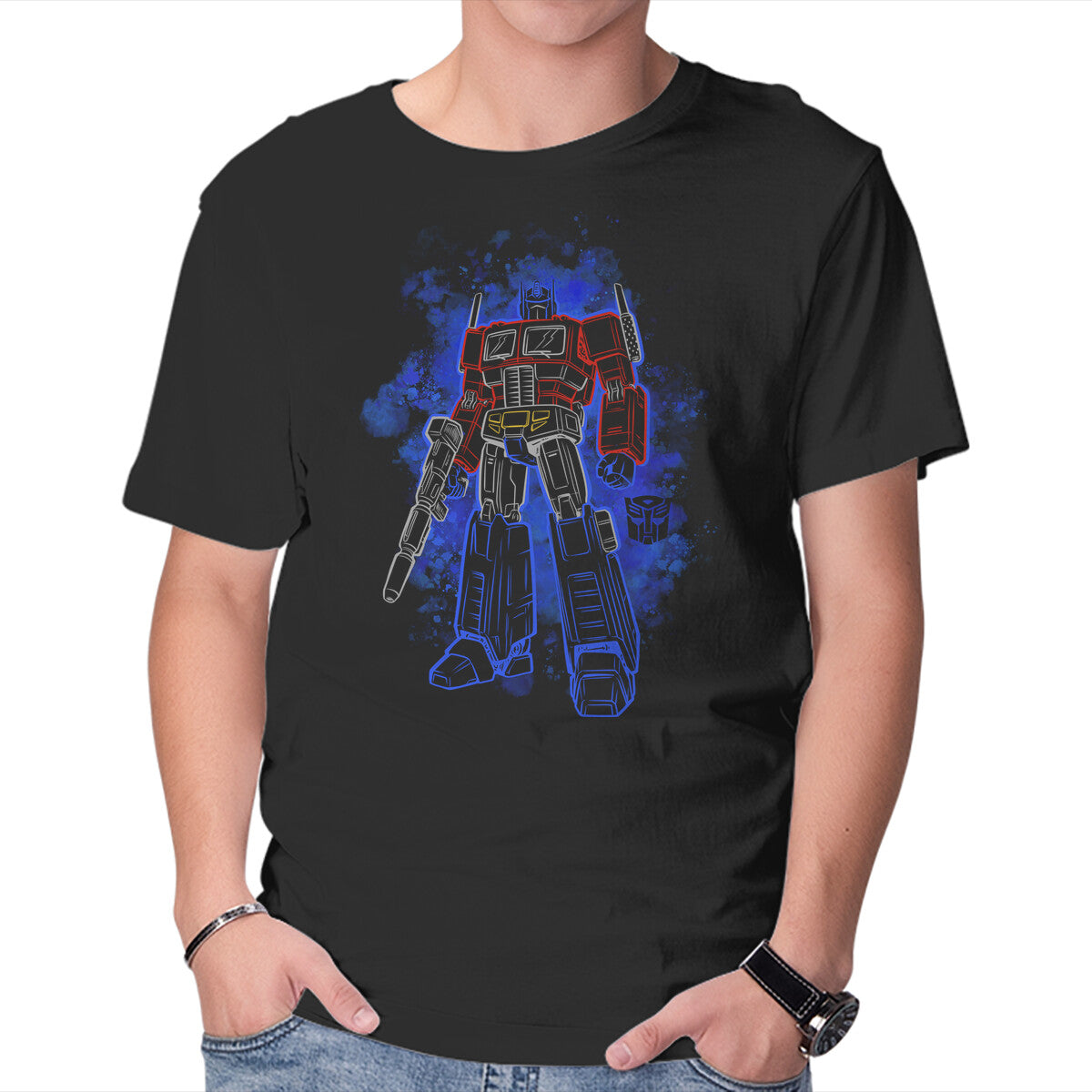 Optimus Silhouette Sci-Fi Robot Graphic T-Shirt in black, product display
