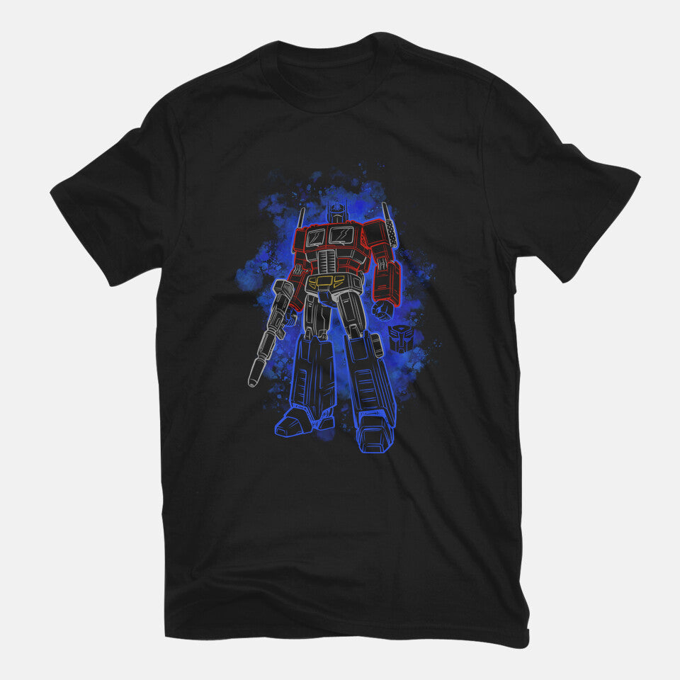 Optimus Silhouette Sci-Fi Robot Graphic T-Shirt in black, flat-lay product view