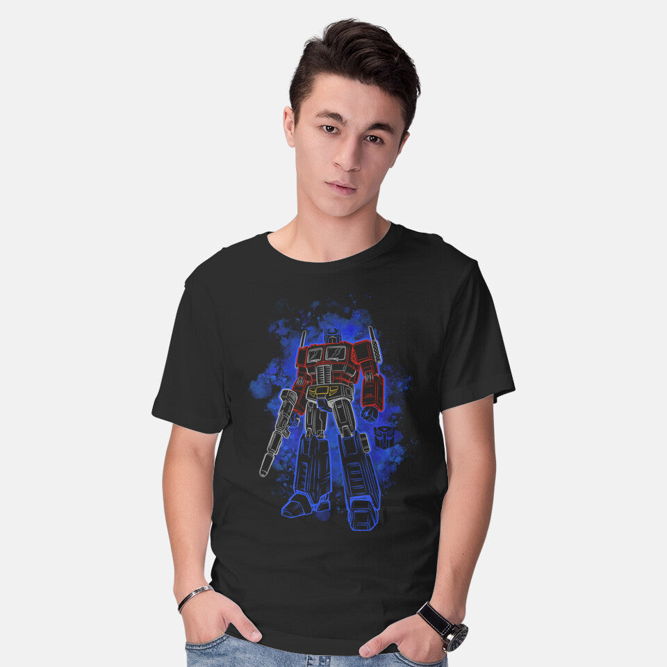 Model wearing black Optimus Silhouette Sci-Fi Robot Graphic T-Shirt