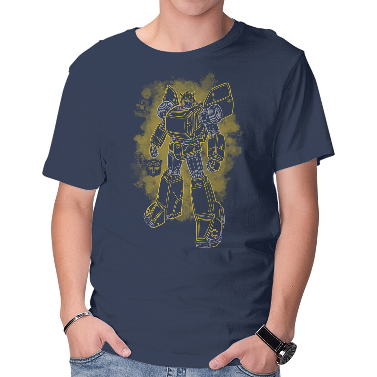 Bumblebee Silhouette Sci-Fi Robot Graphic T-Shirt in navy, product display