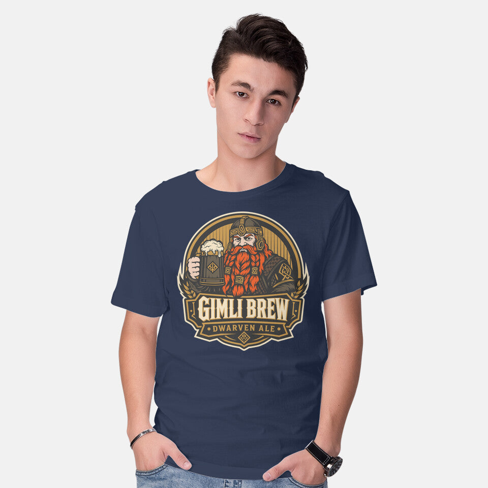 Model wearing navy Gimli Brew Fantasy Graphic T-Shirt
